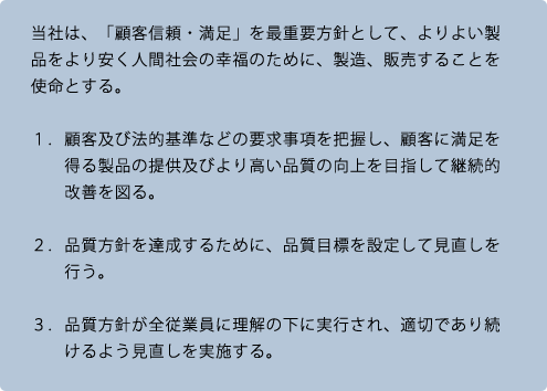 当社は、「顧客信頼・満足」を最重要方針として、よりよい製品をより安く人間社会の幸福のために、製造、販売することを使命とする。

１．顧客及び法的基準などの要求事項を把握し、顧客に満足を得る製品の提供及びより高い品質の向上を目指して継続的改善を図る。

２．品質方針を達成するために、品質目標を設定して見直しを行う。

３．品質方針が全従業員に理解の下に実行され、適切であり続けるよう見直しを実施する。